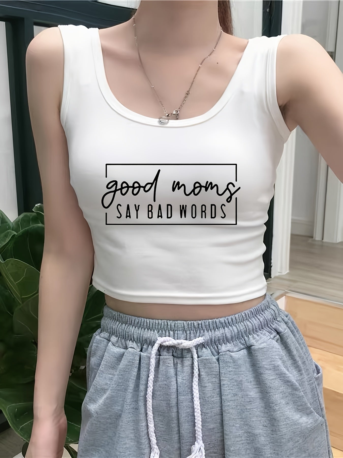 Women's Sexy Casual Cropped Vest - "Good Moms Say Bad Words" Letter Print, Black Sleeveless Round Neck Stretchy Top, Machine Washable Regular Fit for All-Season Layering, Allseason Apparel, Playful Print, Medium Elasticity